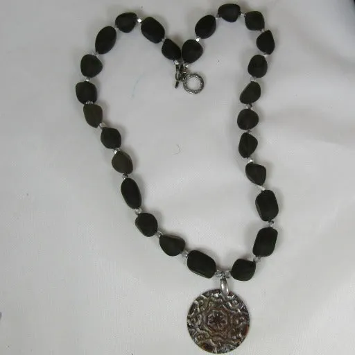 Black Sea Glass Bead Necklace with Handmade Copper Pendant