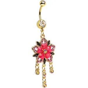 Clear Pink Aurora Gem Gold Anodized Heart Flower Dangle Belly Ring