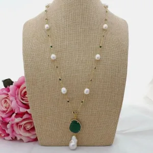 Freshwater White Rice Pearl Green Emerald Gemstone Necklace