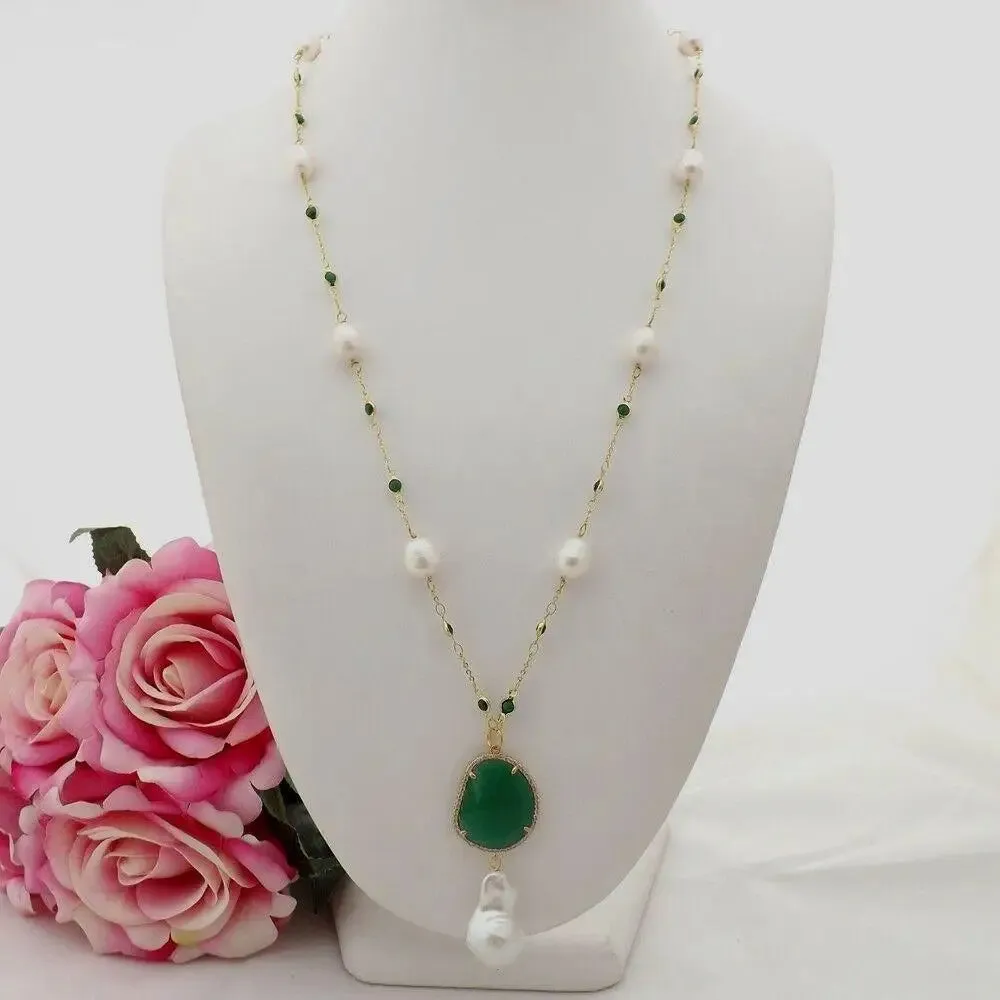 Freshwater White Rice Pearl Green Emerald Gemstone Necklace