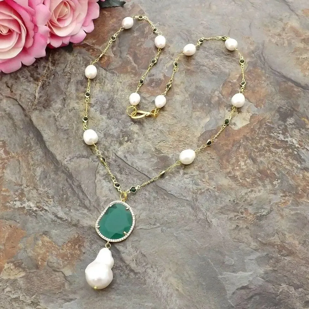 Freshwater White Rice Pearl Green Emerald Gemstone Necklace