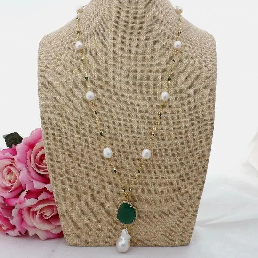 Freshwater White Rice Pearl Green Emerald Gemstone Necklace