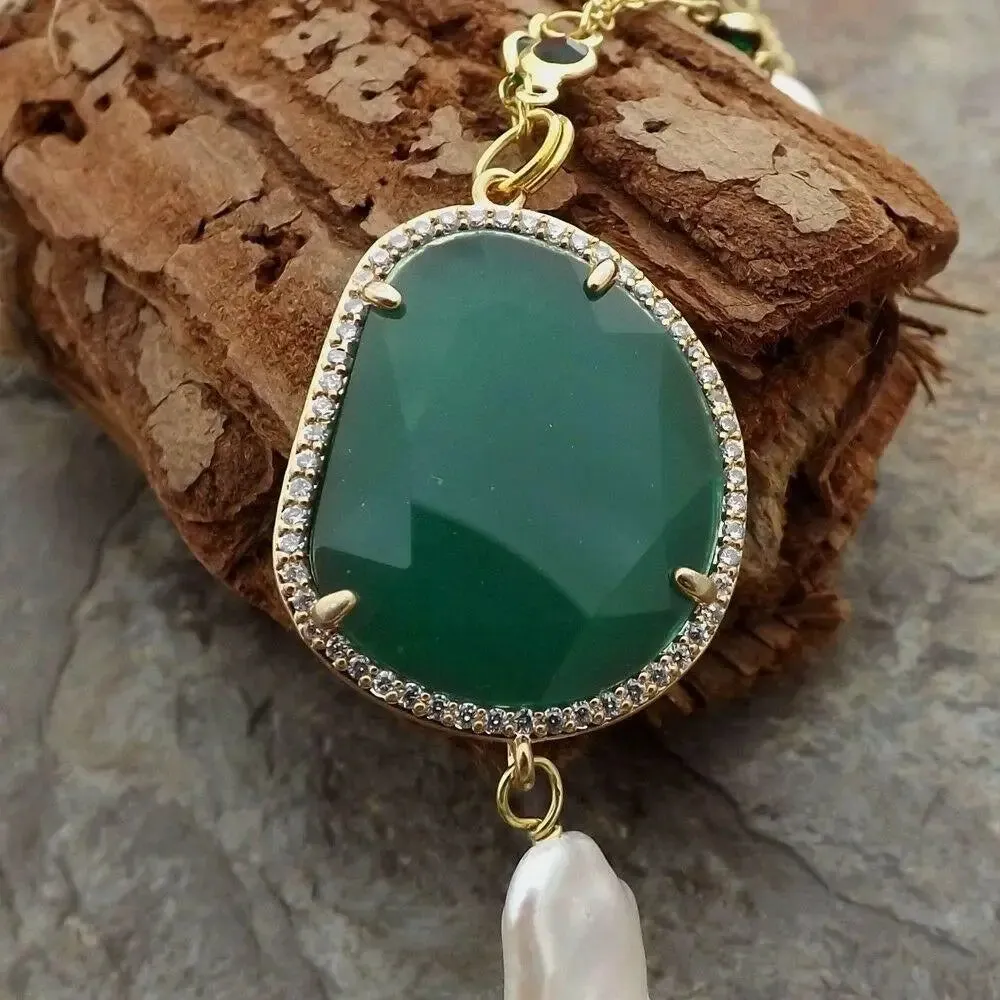 Freshwater White Rice Pearl Green Emerald Gemstone Necklace