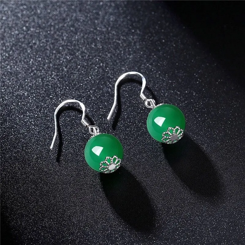 Green and Red Chalcedony Sterling Silver Ear Hook Earrings by Planderful Collection