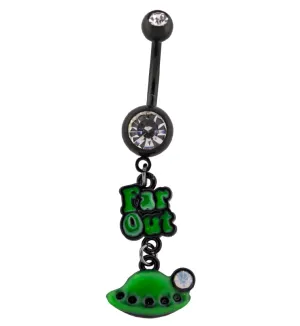 Green Far Out Spaceship CZ Dangle Black PVD Belly Button Ring