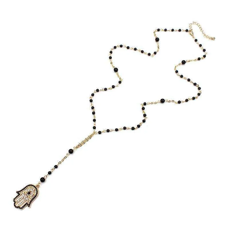 Hamsa Fatima Black Beaded Necklace