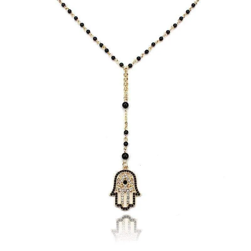 Hamsa Fatima Black Beaded Necklace