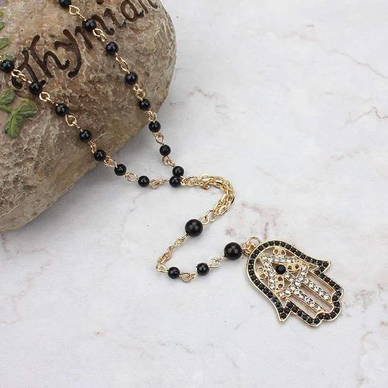 Hamsa Fatima Black Beaded Necklace