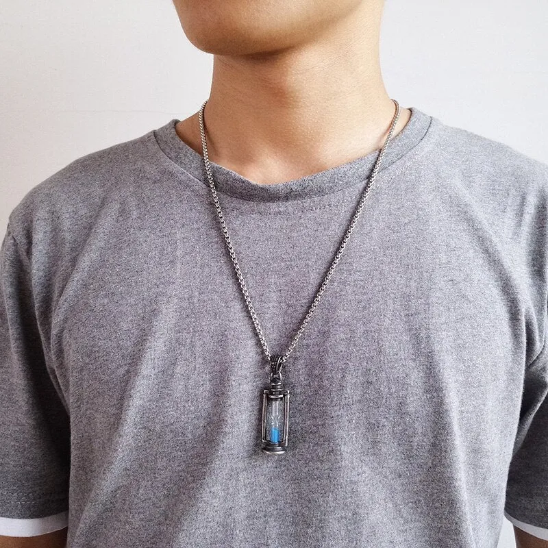 Kemstone Retro Creatived Blue Hourglass Stainless Steel Men Pendant Necklace Jewelry Gift