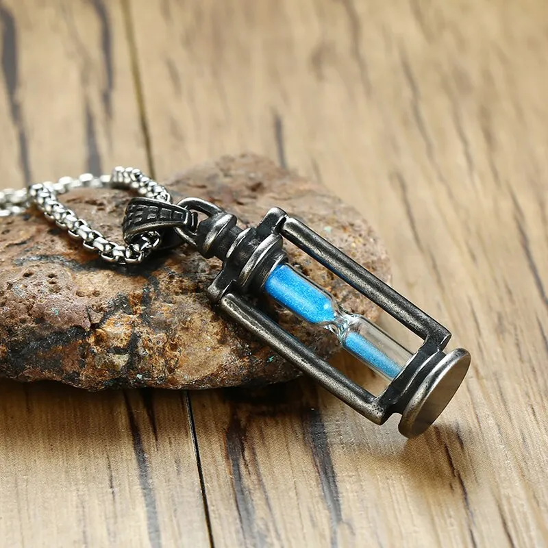 Kemstone Retro Creatived Blue Hourglass Stainless Steel Men Pendant Necklace Jewelry Gift