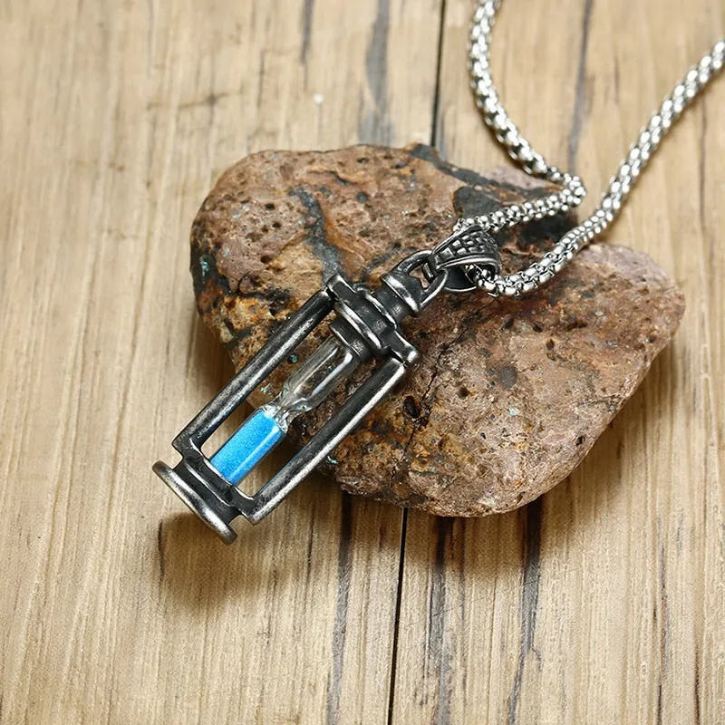 Kemstone Retro Creatived Blue Hourglass Stainless Steel Men Pendant Necklace Jewelry Gift