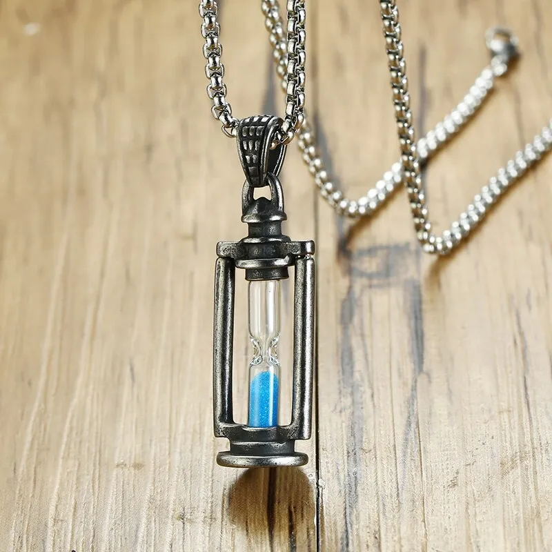 Kemstone Retro Creatived Blue Hourglass Stainless Steel Men Pendant Necklace Jewelry Gift