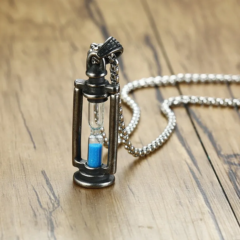 Kemstone Retro Creatived Blue Hourglass Stainless Steel Men Pendant Necklace Jewelry Gift