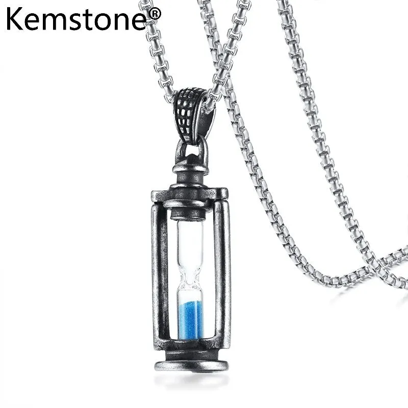 Kemstone Retro Creatived Blue Hourglass Stainless Steel Men Pendant Necklace Jewelry Gift