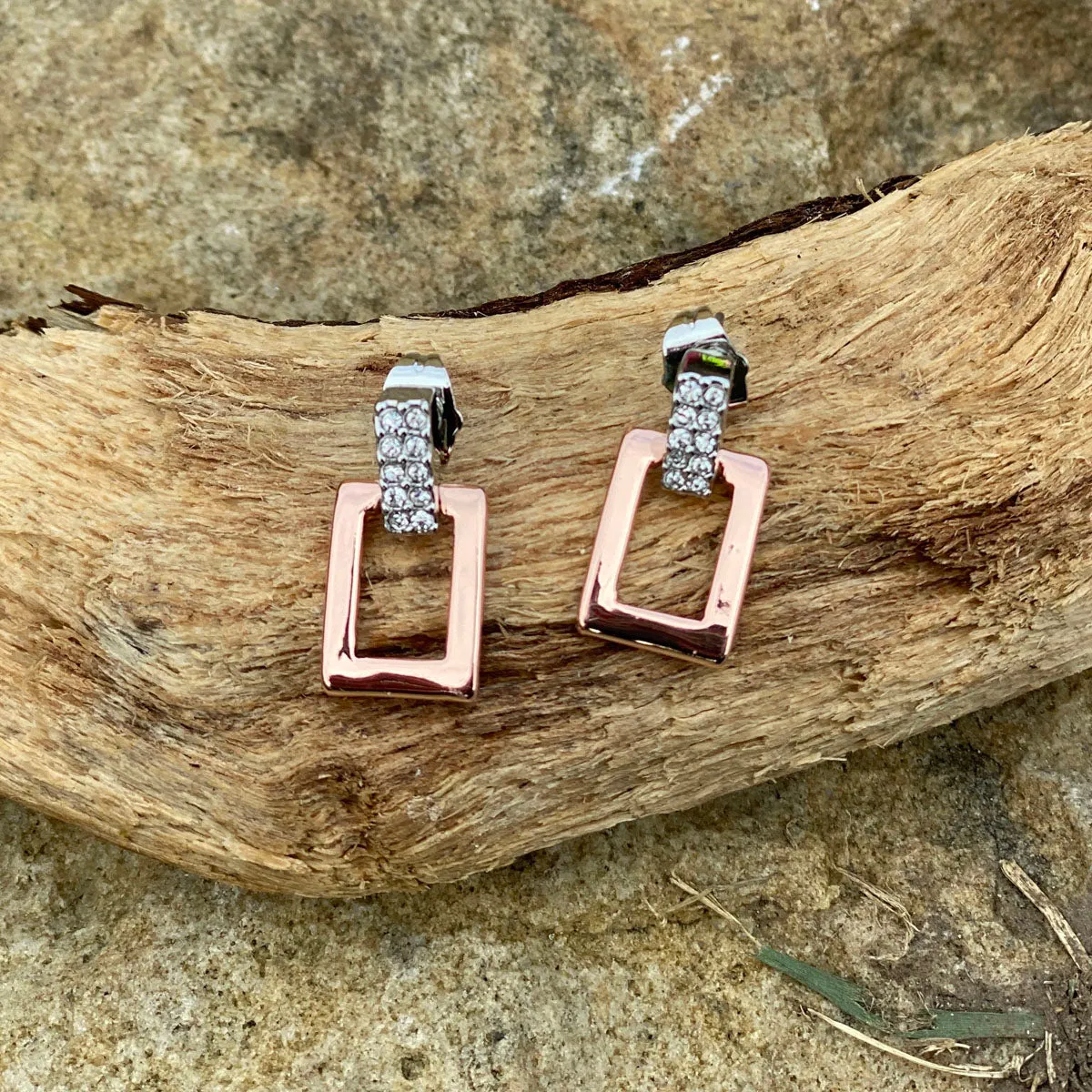 Kendra Rose Gold Rectangular Diamante Earrings