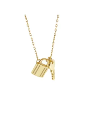 Lock Key Charm Necklace, 18k Gold Plated, .925 Sterling Silver Everyday Dainty Necklace