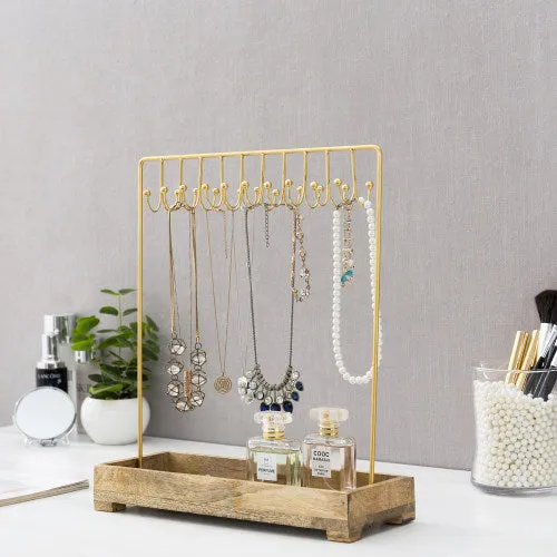 Modern Brass-Tone Metal Jewelry Rack w/ Natural Mango Wood Tray