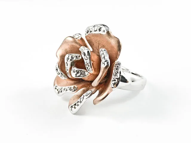 Modern Unique Detailed Rose Gold Tone Rose Petal With CZ Design Brass Ring