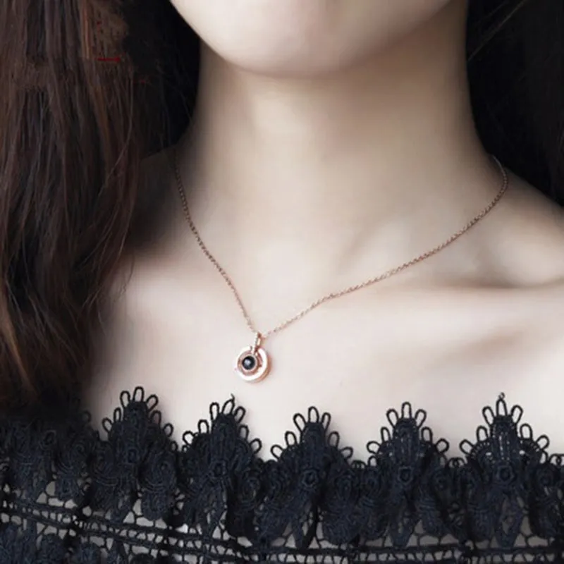 New Rose Gold Silver 100 Languages I Love You Projection Pendant Necklace Romantic Memory Wedding