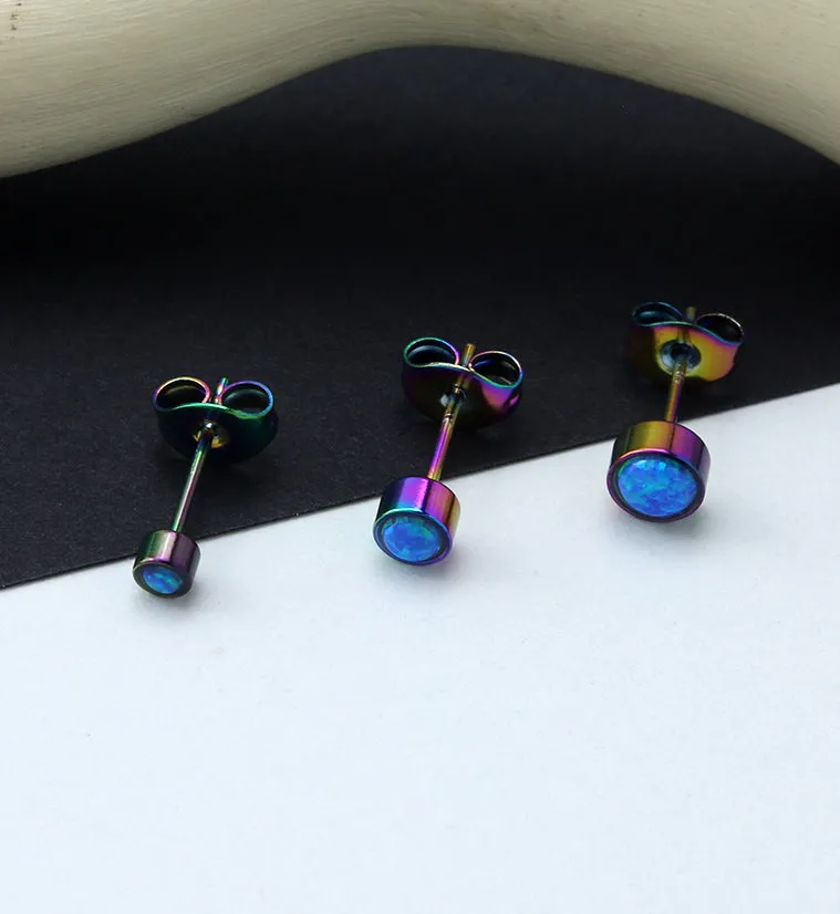 Rainbow PVD Bezel Blue Opalite Stainless Steel Earrings