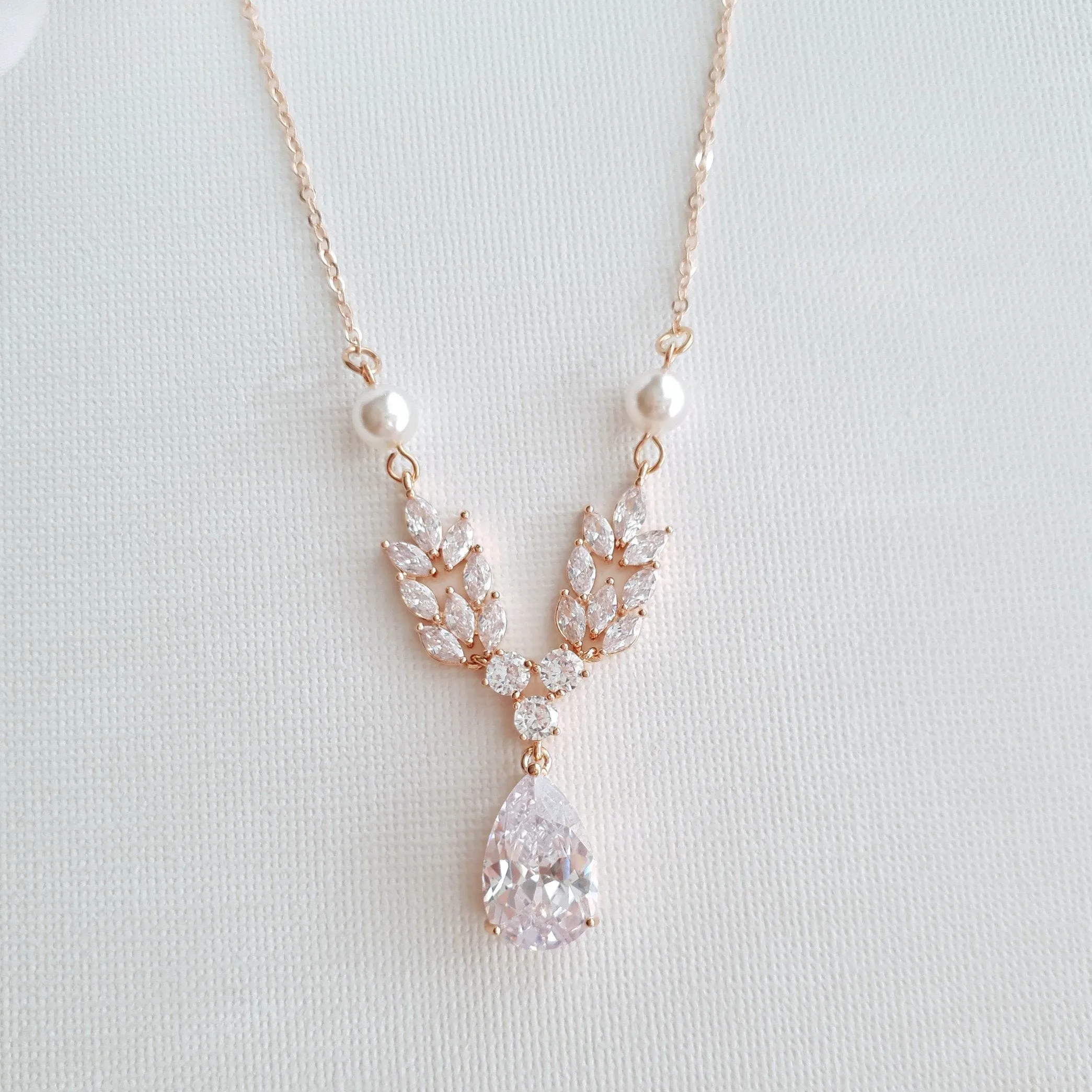 Rose Gold Leaf Necklace Earrings Wedding Set- Willow