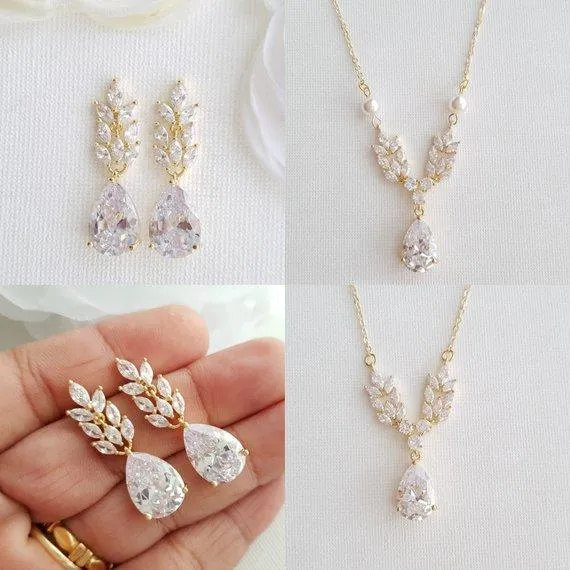 Rose Gold Leaf Necklace Earrings Wedding Set- Willow