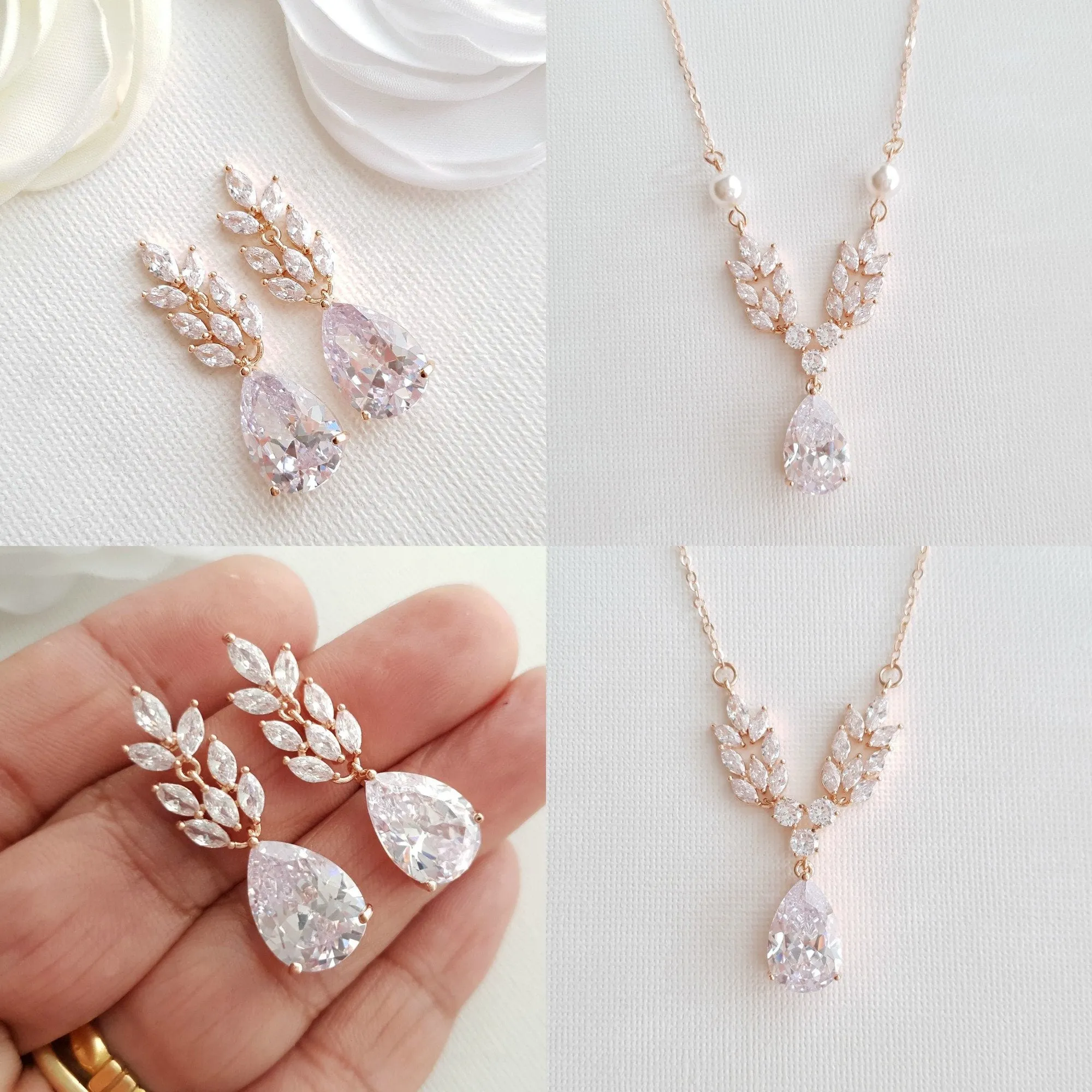 Rose Gold Leaf Necklace Earrings Wedding Set- Willow