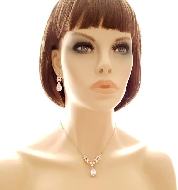 Rose Gold Leaf Necklace Earrings Wedding Set- Willow