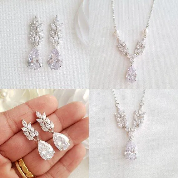 Rose Gold Leaf Necklace Earrings Wedding Set- Willow