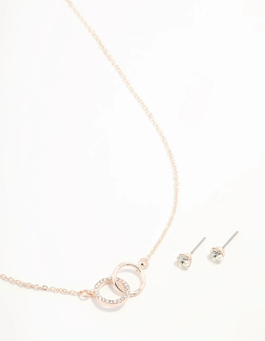Rose Gold Linked Circle Necklaces & Stud Earrings Set
