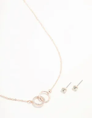 Rose Gold Linked Circle Necklaces & Stud Earrings Set