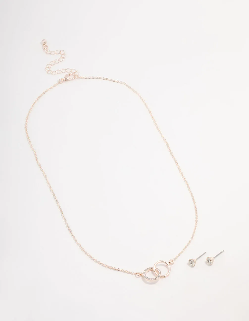 Rose Gold Linked Circle Necklaces & Stud Earrings Set