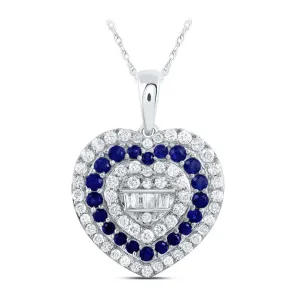 Round Diamond & Round Natural Blue Sapphire Pendant Heart Charm 10k White Gold