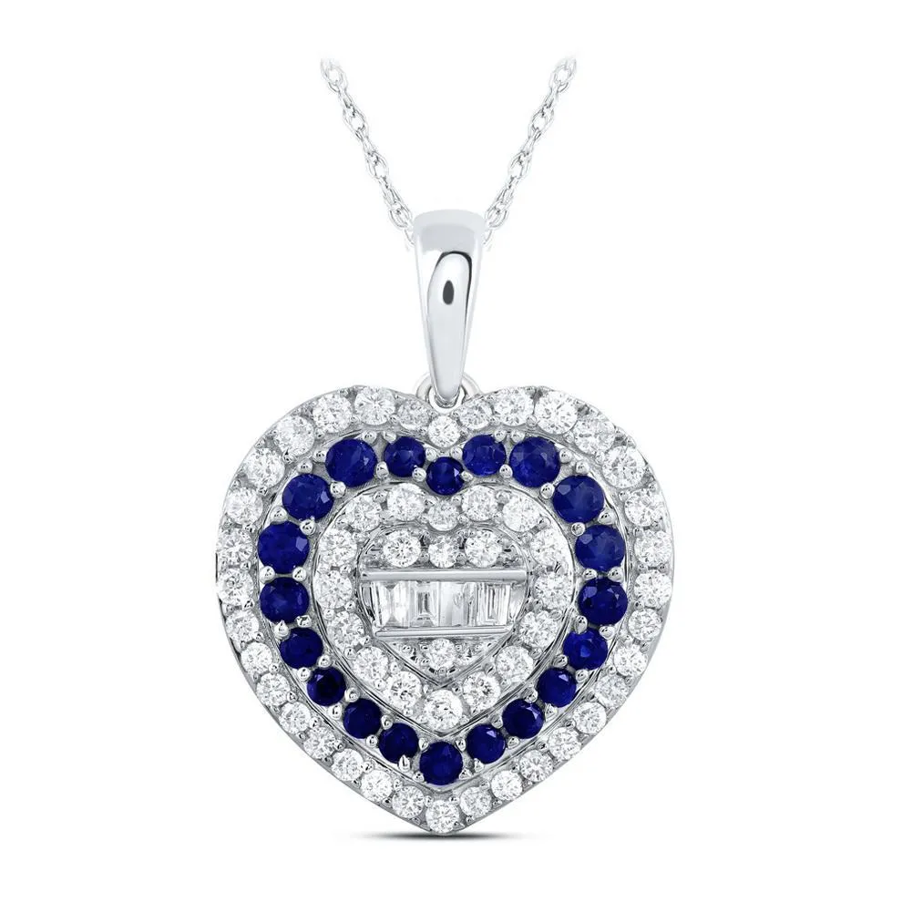 Round Diamond & Round Natural Blue Sapphire Pendant Heart Charm 10k White Gold