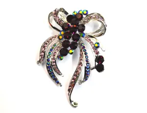 Silver Ribbon Bow with purple, blue, green gems & Gem Cluster Brooch