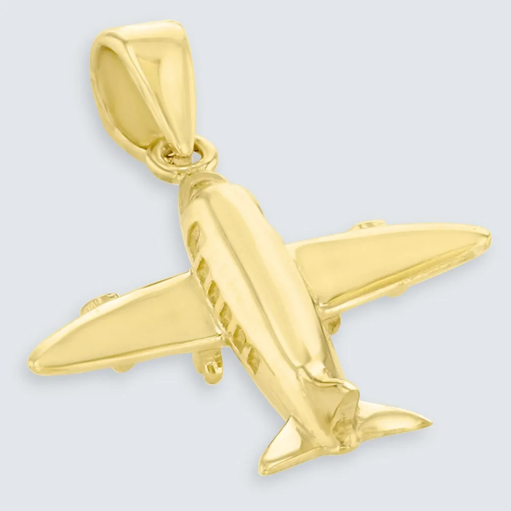 Solid 14K Yellow Gold 3D Airplane Charm Jet Aircraft Pendant with Figaro Chain Necklace