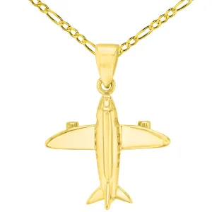 Solid 14K Yellow Gold 3D Airplane Charm Jet Aircraft Pendant with Figaro Chain Necklace
