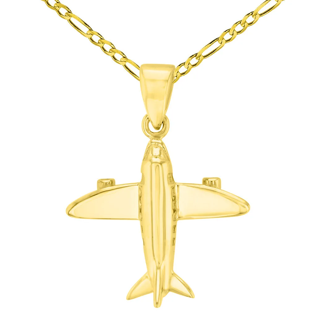 Solid 14K Yellow Gold 3D Airplane Charm Jet Aircraft Pendant with Figaro Chain Necklace