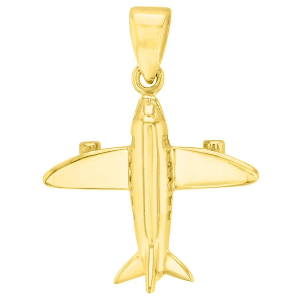 Solid 14K Yellow Gold 3D Airplane Charm Jet Aircraft Pendant with Figaro Chain Necklace