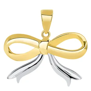 Solid 14k Yellow Gold Fancy Two Tone Ribbon Knot Tied Pendant