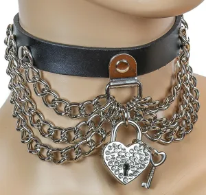 Triple ChainAssorted Heart Lock Leather Choker With Metal Holder