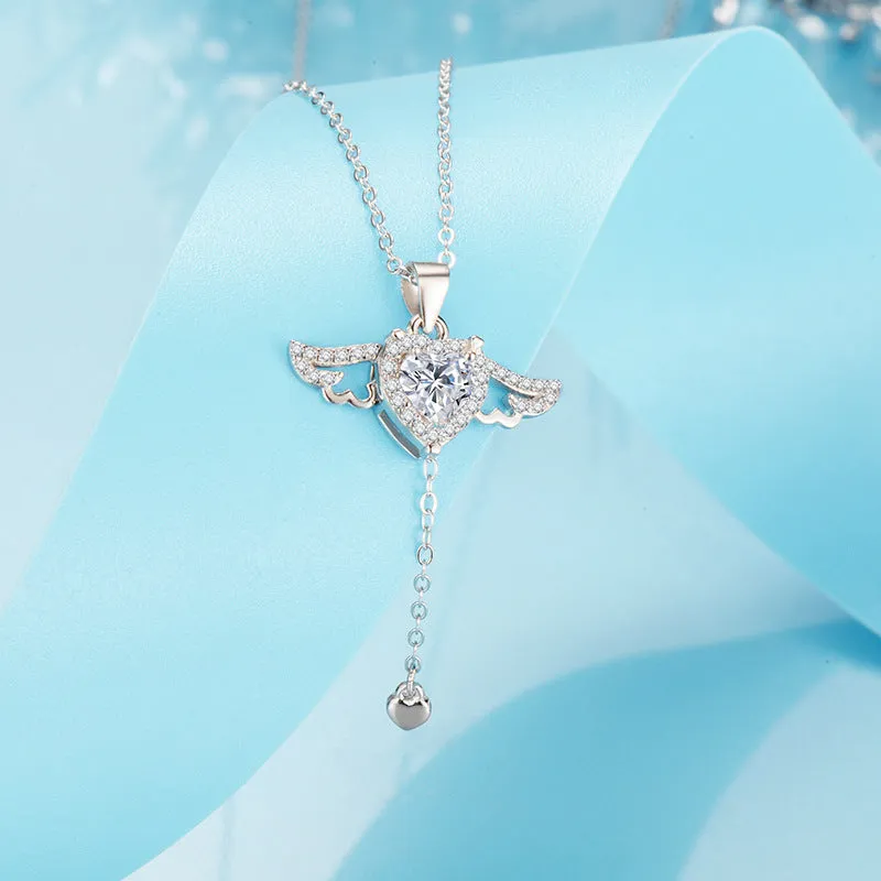 (Two Colours) Zircon Heart with Wings Pendants 925 Silver Collarbone Necklace for Women